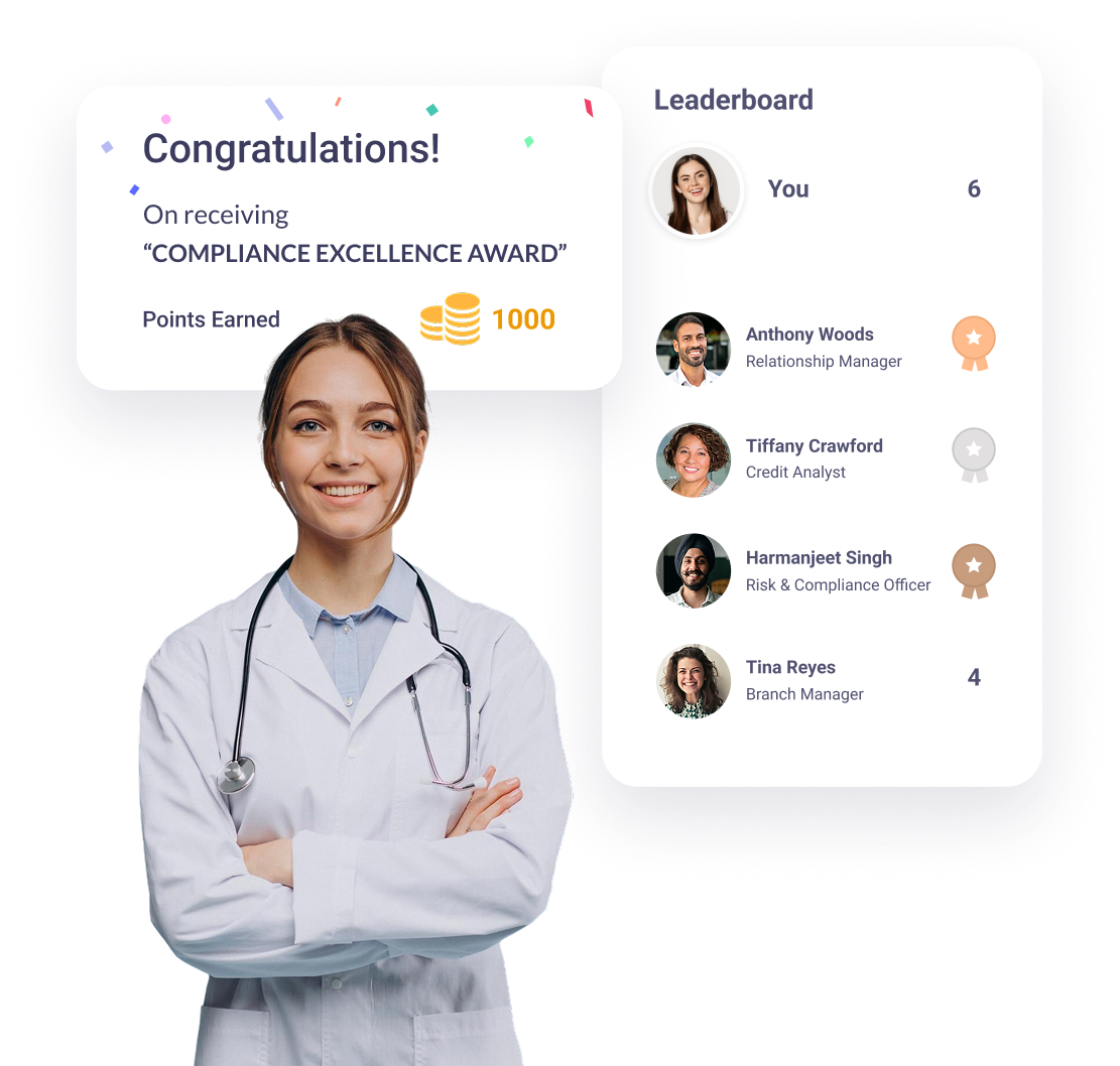 Healthcare recognition leaderboard with doctor receiving Compliance Excellence Award