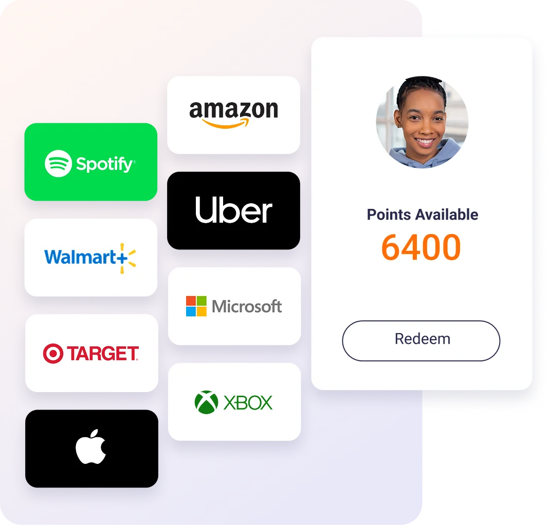 Global rewards catalog showing brands like Amazon, Spotify, Uber, Walmart, Microsoft, Target, Xbox, and Apple with points redemption
