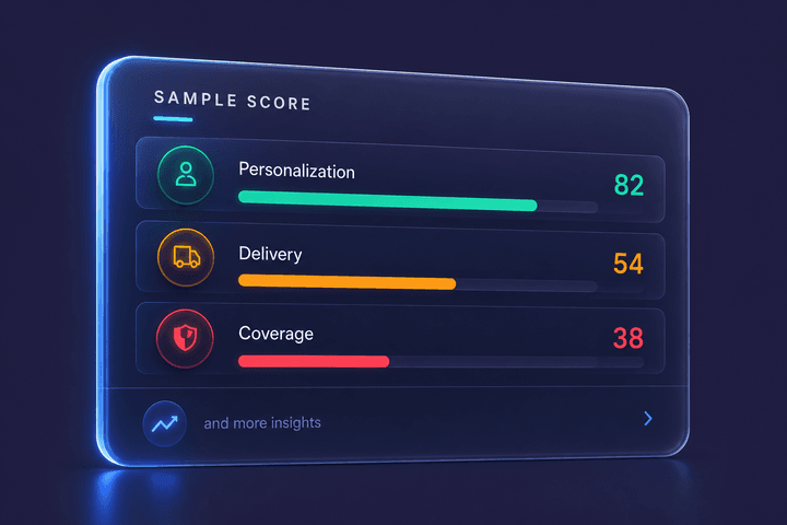Sample AIRe score card showing Personalization 82, Delivery 54, Coverage 38