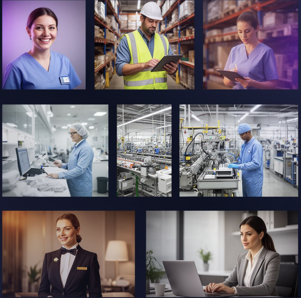 Employees across healthcare, logistics, manufacturing, hospitality, and professional services